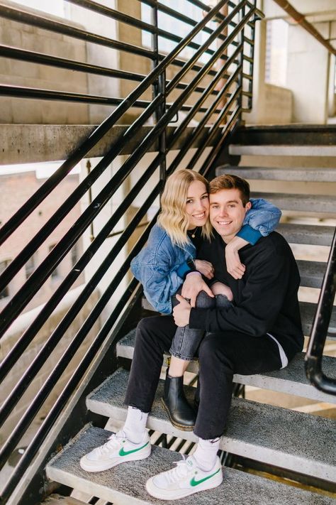 Parking garage in Salt Lake City, Utah Parking Lot Engagement Photos, Couples Garage Photoshoot, Parking Garage Couple Photoshoot, Couples Photoshoot Parking Garage, Parking Garage Photoshoot Couple, Rooftop Photoshoot, Parking Garage, Model Call, Pic Pose