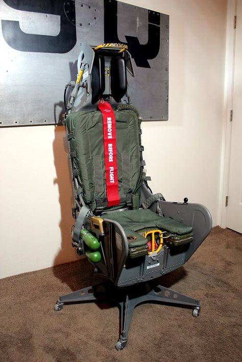 Ejection Seat Chair (A-7DK) Owner Kevin Mattocks (1) | Flickr Metal Chair Design Ideas, Military Office Decor, Plane Room, Military Office, Aviation Furniture, Car Chair, Home Library Rooms, Ejection Seat, Pilot Seats