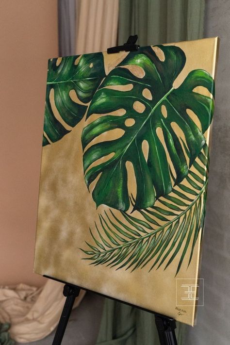 Acrylic Monstera Leaf Painting, Textured Leaves Painting, How To Paint Tropical Leaves, Tropical Leaves Painting Canvas, Painting Ideas On Canvas Plants, Monstera Painting Acrylic, Abstract Leaf Painting, Abstract Leaves Painting, Leaf Painting Acrylic