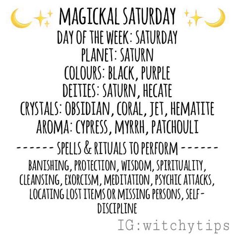 Tips for Witches Everywhere! ✨ on Instagram: “Magickal Saturday 🌙 Here are correspondences and best spells to do on a Saturday!” Daily Correspondences, Witchcraft Tips, Magick Spells, Eclectic Witch, Candle Magick, Star Gazing, Wicca Witchcraft, Witch Spell, White Witch