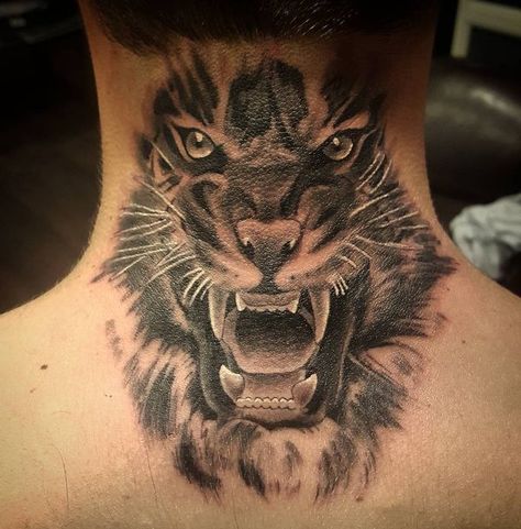 Tiger Neck Tattoo, Behind The Neck Tattoos, Back Of Neck Tattoo Men, Tiger Tattoo Small, Leprechaun Tattoos, Mens Tiger Tattoo, Watercolour Tattoo Men, Front Neck Tattoo, Rhino Tattoo