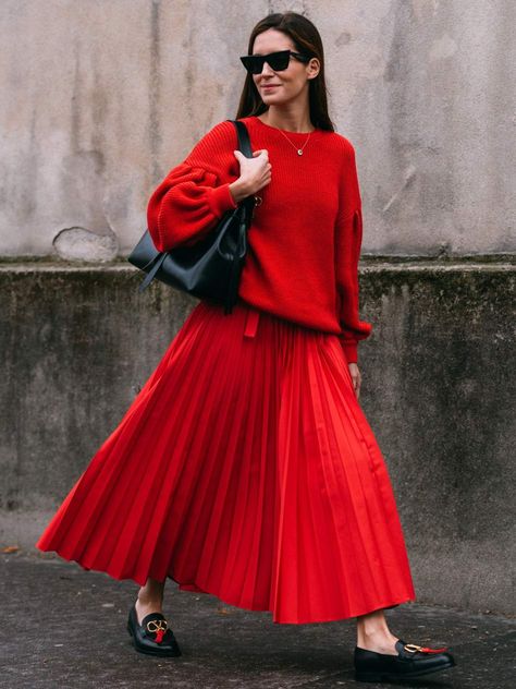 5 Ways To Wear Red - Biggest Color Trend 2023 | PORTER What To Wear With A Red Skirt, Red Midi Skirt Outfit Winter, Red Skirt Styling, Red Skirt Winter, Red Pleated Skirt Outfit, Red Maxi Skirt Outfit, Red Midi Skirt Outfit, Red Color Outfits, Winter Maxi Skirt Outfit