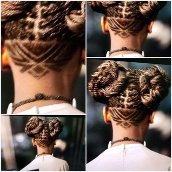 Shuri's undercut from Black Panther. The best view I could find. Shuri Undercut Black Panther, Nape Undercut Black Women, Nape Undercut Designs Black Women, Undercut On Black Women, Black Woman Undercut, Dread Undercut, Undercut Hairstyles Black Women, Undercut With Locs, Undercut Hairstyles Women Black