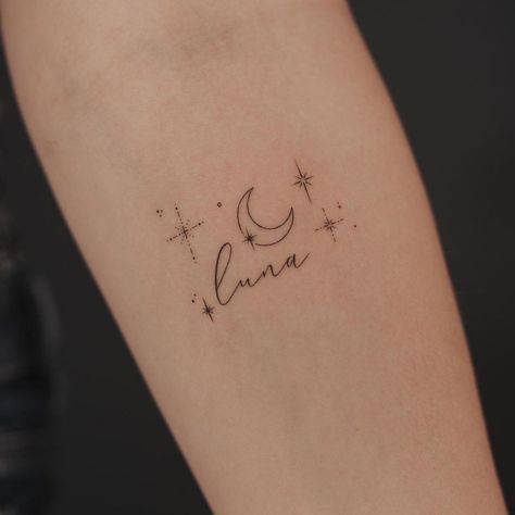 Moon Inner Arm Tattoo, Luna Word Tattoo, Moon And Stars Tattoo Wrist, Name Tattoos With Stars, Moon With Name Tattoo, Luna Moon Tattoo, Moon Tattoo With Name, Dainty Moon Tattoos For Women, Moon Name Tattoo