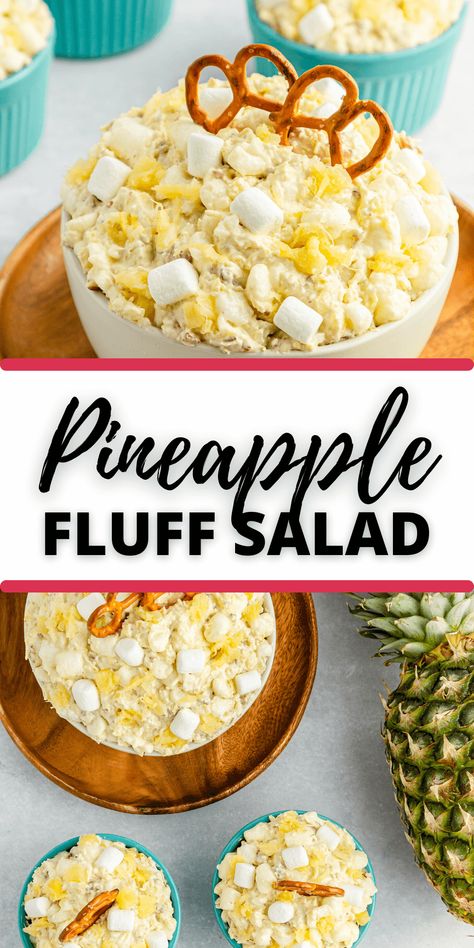 If you like Pina Coladas, you'll love Pineapple Fluff. The combination of tropical flavors and the creamy and crunchy makes this addicting. Cold Pineapple Desserts, Pineapple Pretzel Fluff Salad, We Pineapple Fluff, Scrumptious Creamy Pineapple Salad, Nice Cream Pineapple, Pineapple Fluff, Pina Coladas, Sugar Free Pudding, Pineapple Recipes