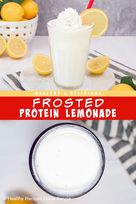 Lemon lovers rejoice! Our refreshing Protein Lemonade is easy to make and is low in calories. It is the perfect post workout shake or meal replacement without the guilt. Premier Protein Lemonade, Frozen Protein Lemonade, Protein Frosted Lemonade, Lemon Protein Shake, Fairlife Protein Shake Recipe, Protein Lemonade, Low Calorie Protein Shake, Vanilla Protein Shake Recipes, Clear Protein Drinks