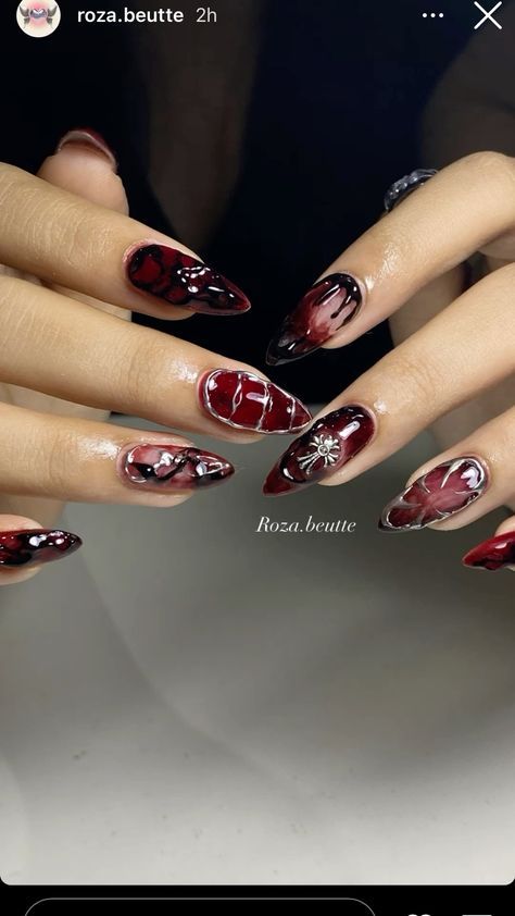 Aespa Nails, Heavenly Nails, Maroon Nail Designs, Concert Nails, Wine Nails, Fake Nails Designs, Makeup Nails Designs, Maroon Nails, Hippie Nails