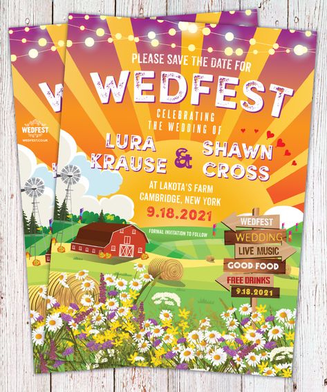 wedfest farm barn festival themed wedding save the date cards stationery Festival Wedding Theme, Festival Wedding Invite, Festival Themed Wedding Invitations, Wedding Festival Invitation, Festival Wedding Signage, Festival Save The Date, Festival Wedding Save The Date, Festival Wedding Invitations, Fest Poster