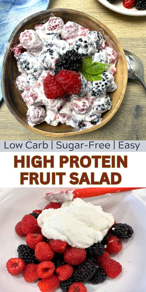 This high-protein fruit salad is a quick, sweet and creamy bowl packed with fresh berries and cottage cheese, perfect for a healthy, low-carb breakfast, snack, or dessert. High Protein Potluck Recipes, Fruit And Cottage Cheese, Low Fat High Protein Snacks, Cottage Cheese Snacks Healthy, Low Carb Fruit Salad, Fruit Salad With Cottage Cheese, High Protein Low Carb Recipes Breakfast, High Protein Low Fat Snacks, Low Carb High Protein Snacks