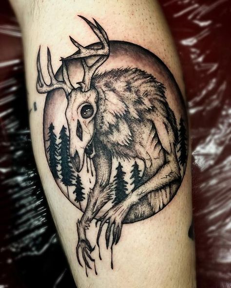 Small Cryptid Tattoo, Urban Legend Tattoo, Traditional Cryptid Tattoo, Forest Neck Tattoo, Cute Cryptid Tattoo, Wendigo Tattoo Ideas, Cryptic Tattoo Ideas, Unsettling Tattoo Ideas, Necromorph Tattoo