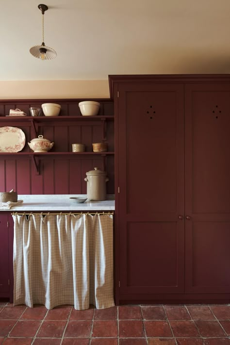 The Refectory Red Dining and Laundry Room Curtain On Kitchen Cabinets, Curtain On Cupboard, Red Laundry Room, Red Tile Kitchen, Laundry Room Decorating Ideas, Classic English Kitchen, Functional Laundry Room, Laundry Room Decorating, Wall Cupboards