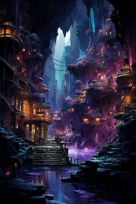 Wallpaper Fantasy, Magic Realms, Landscape Digital Art, Fantasy Scenery, Hidden City, Cave City, Fantasy Village, Fantasy Wallpaper, Fantasy Town