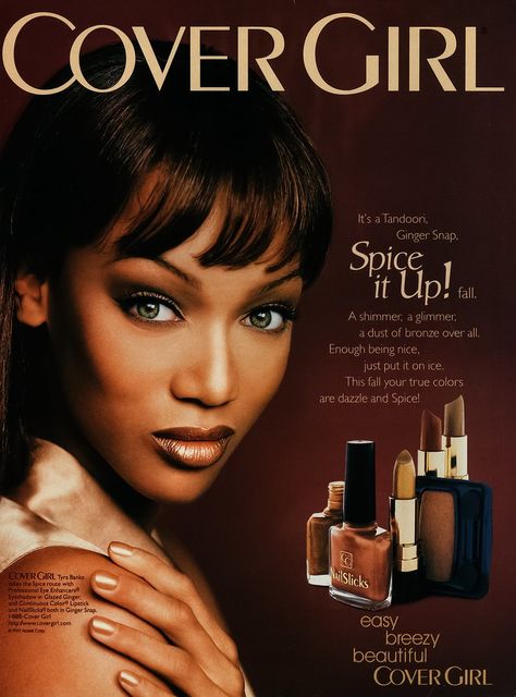 Cover Girl Spice It Up 90s Makeup Look, Vintage Makeup Ads, Awkward Girl, Mekap Mata, Makeup Magazine, Beauty Advertising, Cover Girl Makeup, Makeup Ads, Black Magazine