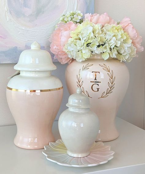 Ginger Jars – Lo Home Pink Aesthetic House, Ginger Jars Decor, Ginger Jar Painting, Jars Decor, Pink Ginger, Shelf Decor Living Room, Clay Artist, Jar Art, Monogram Wreath