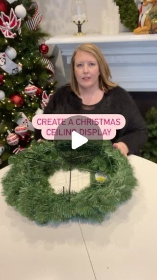 Nicole Keleher on Instagram: "This technique makes it easy to hang a Christmas display from the ceiling. You will still need a ceiling hook to attach this too. Another option would be to use hooks that you currently have hanging baskets and change the display for Christmas.  #christmasdecor #christmastip #christmasdecorating #christmasdecoratingtips" Shepherds Hook Christmas Decor, Wreath Hanging From Ceiling, Ceiling Christmas Wreath, Christmas Wreath Chandelier, Hanging Christmas Wreaths From Ceiling, Hanging Ornaments From Chandelier, Ceiling Wreath Christmas, Hang Ornaments From Ceiling, Hanging Wreaths From Ceiling