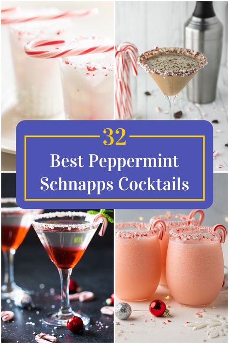 Collage of 4 peppermint schnapps cocktails. Peppermint Shots Holiday Drinks, Peppermint Snaps Drinks, Peppermint Snapps Drinks Recipes, Peppermint Mixed Drinks, Mint Christmas Cocktail, Holiday Cocktails Peppermint, Peppermint Liquor Recipes, Peppermint Rimmed Drinks, Peppermint Schnapps Cocktails