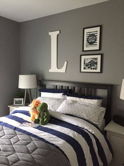 Navy blue, gray, and white boy bedroom for my not so little guy. Bedding and large wall letter from Pottery Barn Kids. Bedroom Designs For Couples, Navy Blue Bedrooms, Blue Bedroom Decor, Boy Bedroom Design, Boys Bedroom Decor, Bedroom Color Schemes, Couple Bedroom, Teenage Bedroom, Bedroom Paint Colors