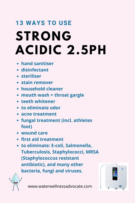 Our Kangen Water Machines also produce a strong acidic water with a 2.5pH. This water has amazing uses and can replace your need to buy many household items. You can even bottle it to create your hand sanitiser! With the price of hand sanitiser now through the roof this will be a bonus use when you purchase your machine. #kangenstrong #acidicwater #handsanitizer Kagen Water Benefits, Enagic Kangen Water Benefits, Kangen Water Uses, Kagen Water, Kangan Water, Enagic Kangen Water, Kangen Water Benefits, Water Healing, Kangen Water Machine