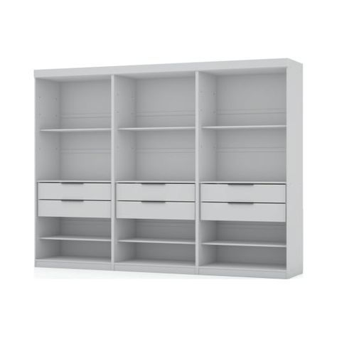 Mulberry Open 3 Sectional Closet - Set of 3 in White | Conn's HomePlus Modern Armoires And Wardrobes, Closet Units, Corner Closet, Corner Wardrobe, Open Wardrobe, Closet Renovation, Wardrobe Solutions, Open Closet, Manhattan Comfort