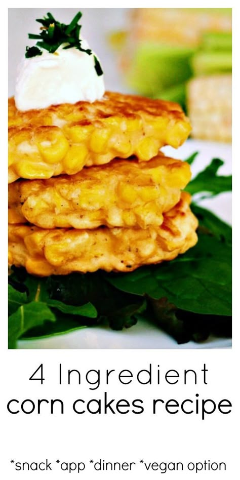 This Corn Cakes recipe has quickly become one of our go-to snack and easy dinner recipes. They come together so quickly, use only 4 ingredients and fill up little bellies fast. Enjoy them as is, with some tomato ketchup or sour cream, or dress them up with some creme fraîche, chives and smoked salmon. #corncakes #cornrecipe #summercorn #4ingredient via @wholefoodbellies Corn Cakes Recipe, Corn Fritter Recipes, Fast Dinner, Corn Cakes, Corn Fritters, Quick And Easy Appetizers, Quick Appetizers, Fritter Recipes, Corn Recipes