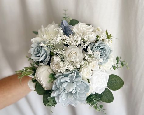 Faux Bridal Bouquet With Dusty Blue Flowers, Blue Bouquet, White and Blue Bouquet, Silk Wedding Bouquet, Faux Bridal Bouquet - Etsy Slate Blue Wedding Flowers, Light Blue Wedding Flowers, Bouquet White And Blue, White And Blue Bouquet, Faux Bridal Bouquet, Baby Shower Bouquet, Dusty Blue Flowers, Blue Bridal Bouquet, Slate Blue Wedding