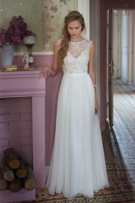 Dress No.2  from Tali Handel wedding dresses 2016 -Full chiffon a-line skirt. V-Neck line bodice with a high neck overlay of embroidered lace. Small cap sleeves. -see the rest of the collection on www.onefabday.com Delicate Wedding Dress, Wedding Dresses Images, Halter Wedding Dress, High Neck Wedding Dress, Neck Wedding Dress, Wedding Gowns With Sleeves, 2016 Wedding Dresses, Wedding Dress Chiffon, Trendy Wedding Dresses