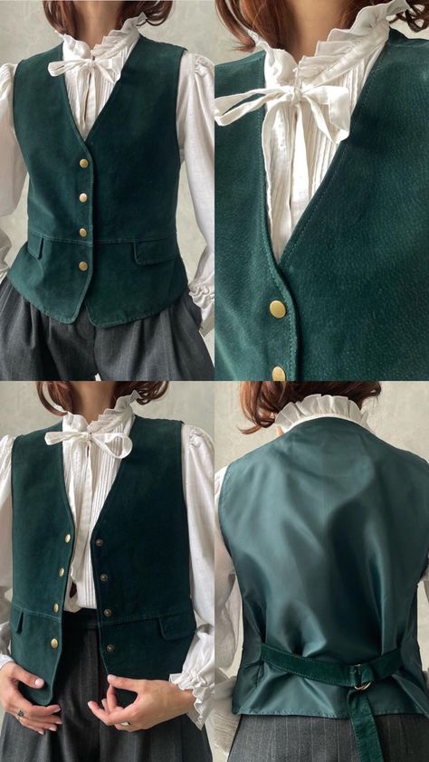 Woman In Waistcoat, Green Waistcoat Women Outfit, Fancy Vest Outfits, Corduroy Vest Outfit Women, Dosirak Korean, Fantasy Vest, Vest Jacket Outfit, Cottagecore Vest, Waistcoats For Women