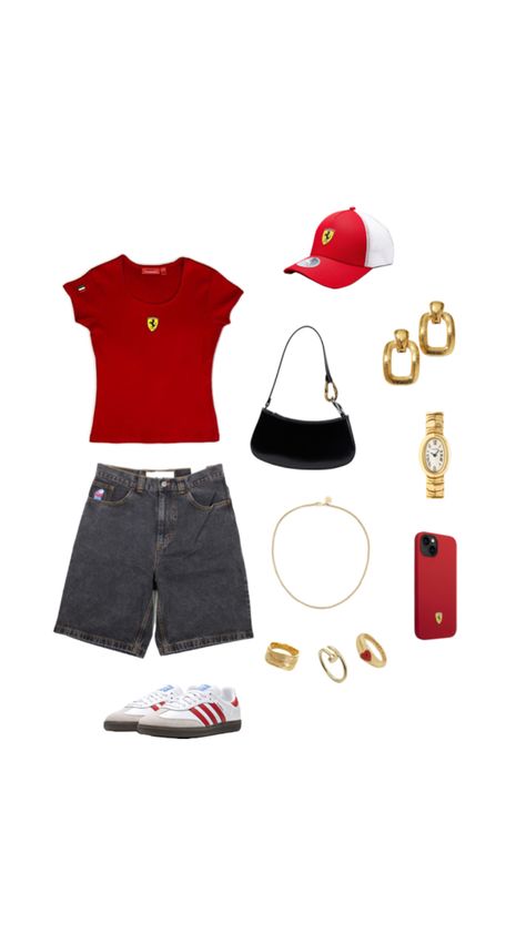 #f1 #ferrari #charlesleclerc #carlossainz #formula1 #f1outfits #outfit F1 Street Style, F1 Paddock Outfit Ideas, Nascar Race Outfits For Women, Ferrari Inspired Outfit, Formula 1 Grand Prix Outfit, Wag Outfits F1, F1 Girl Outfit, F1 Halloween Costume Women, F1 Outfit Ideas