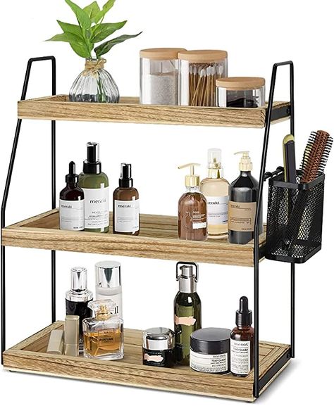 Bathroom Countertop Shelves, Bathroom Makeup Shelves, Bathroom Vanity Skincare Organization, Counter Shelf Bathroom, Cosmetic Organizer Bathroom, Countertop Shelf Bathroom, Wood Bathroom Organizer, Skincare Organizer Bathroom, Skincare Basket Storage