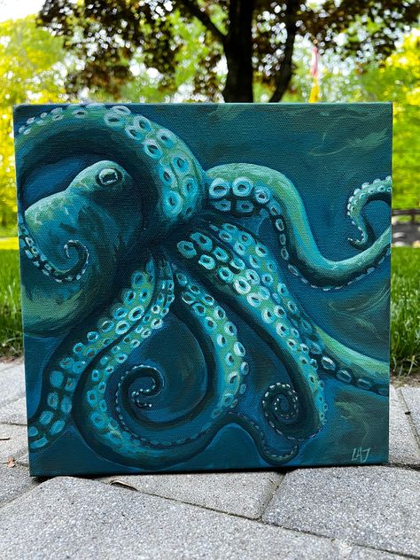 Hand painted original octopus painting made in acrylics over black gesso prime. Finished with a matte UV clear coat finish for moisture protection. This painting looks beautiful in all types of lighting warm or cool lighting. This piece will look great in any room you choose.  Signed by artist original painting Paint An Octopus, Sea Themed Paintings, Drawings On Black Canvas, Abstract Octopus Painting, Tentacle Painting, Octopus Painting Acrylic, Oil Painting Ideas On Canvas, Large Canvas Painting Ideas, Wall Murals Painted Diy