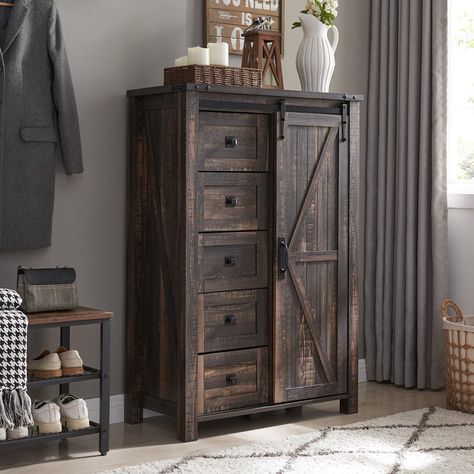 PRICES MAY VARY. CREATIVE 5-DRAWER DRESSER DESIGN WITH SLIDING BARN DOOR: This chest of drawers features a great fusion of farmhouse beauty and the utility of storage space. This farmhouse 5-drawer dresser measures 31.25''W x 15.57''D x 48''H. It features 5 drawers with a width of 11.2 inches (drawer size: 11.2''W * 12''D * 5.7''H), and space-saving sliding barn doors with 2 adjustable shelves. the combination of drawers and sliding barn door greatly adds storage space to your home for socks, cl Barn Door Cabinet, Tall Drawers, Rustic Dresser, Dresser With Tv, Dresser Tv Stand, Tall Chest Of Drawers, Farmhouse Dresser, Door Farmhouse, Modern Storage Cabinet