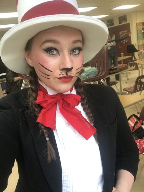 Easy Cat In The Hat Costume Diy, Cat The Hat Costume, Cat In The Hat Hair Ideas, Cat In The Hat Seussical, Jojo Suessical Costume Ideas, Cat In The Hat Face Makeup, Diy Cat In The Hat Costume Women, Cat In Hat Makeup, Cat And The Hat Makeup