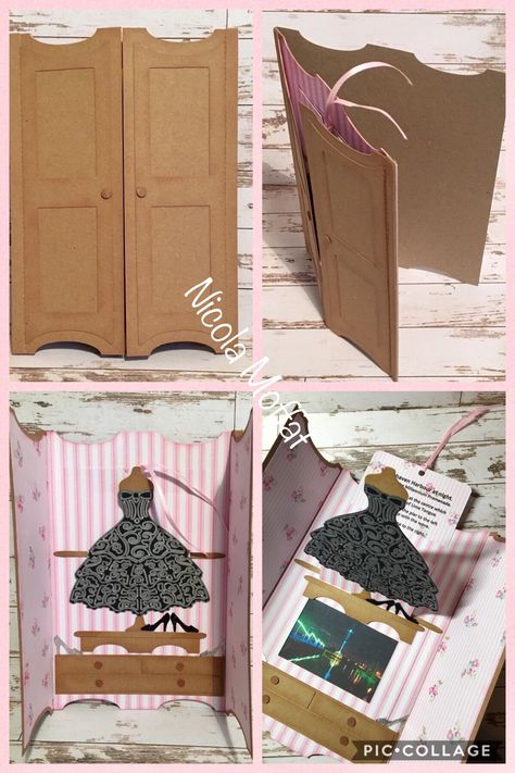 Card made for monthly craft challenge swap.  Designed by me in SCAL.  Open the wardrobe doors to reveal a ball gown and shoes.  When pulled, the ribbon will activate the slider card to show the inside message. Diy Gown, Pop Book, Craft Challenge, Monthly Crafts, Slider Cards, Moms Crafts, Monthly Challenge, Window Cards, Paper Crafts Card