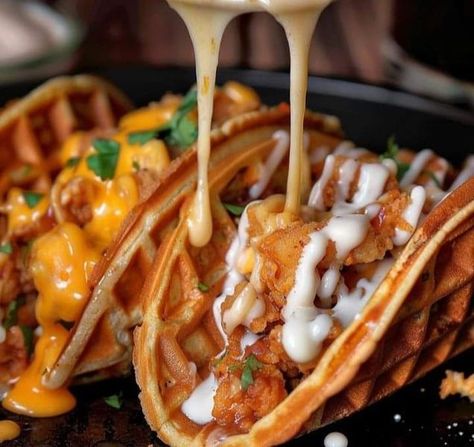 Malati Trivedi Crock Pot Shredded Chicken Tacos, Crock Pot Shredded Chicken, Waffle Tacos, Waffle Taco, Tacos Chicken, Nacho Fries, Fluffy Waffles, Shredded Chicken Tacos, Sauce Chicken