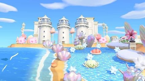 Acnh Water Terraforming, Mermaidcore Animal Crossing, Mermaidcore Acnh, Acnh Peninsula, Acnh Fabric, Acnh Mermaid, Ariels Grotto, Mermaid Island, Nintendo Switch Animal Crossing