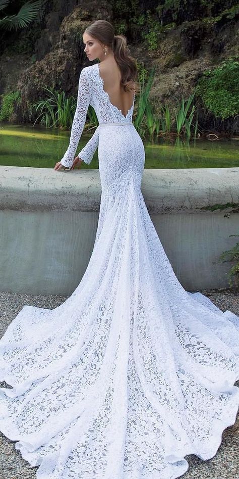 36 Lace Wedding Dresses That You Will Absolutely Love ❤️ lace wedding dresses fit and flare with long sleeves v back train berta #weddingforward #wedding #bride Wedding Dresses Tight Fitted, Fitted Lace Wedding Dress, Wedding Dress With Sleeves, Spring Wedding Dress, Fit And Flare Wedding Dress, Dress With Sleeves, Top Wedding Dresses, Wedding Dress Pictures, Backless Wedding