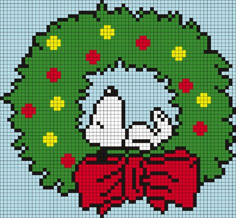 Snoopy Wreath (from Peanuts) Square Grid Perler Bead Pattern | Bead Sprites | Holidays Fuse Bead Patterns Christmas Cross Stitch Charts Free, Cross Stitch Tapestry Pattern, Snoopy Wreath, Snoopy Cross Stitch, Christmas Perler Bead Patterns, Plastic Crochet, Christmas Perler Beads, Kandi Cuffs, Cross Beads