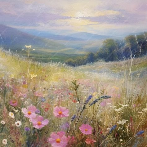 Wild Flower Field Aesthetic, Field Of Flowers Painting, Summer Fields, Wildflower Art, Field Landscape, Landscape Painting Tutorial, Cottage Painting, Flower Cottage, Abstract Flower Art