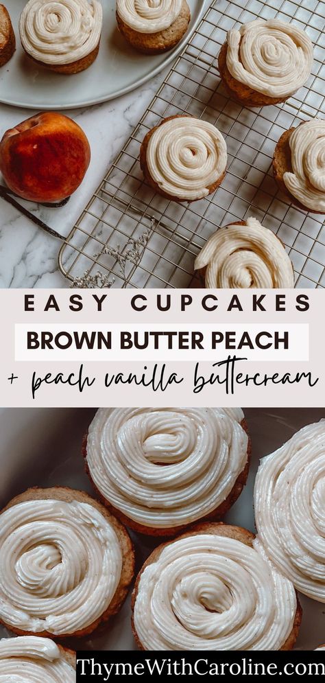 Looking for peach recipes? Try these brown butter peach cupcakes. Aromatic brown butter paired with a peach puree create a moist and decadent cake, with fresh peaches folded into the batter. Topped with fluffy buttercream with vanilla beans and extra peaches, this summer cupcake is a great bridal shower treat, birthday cupcake and more!