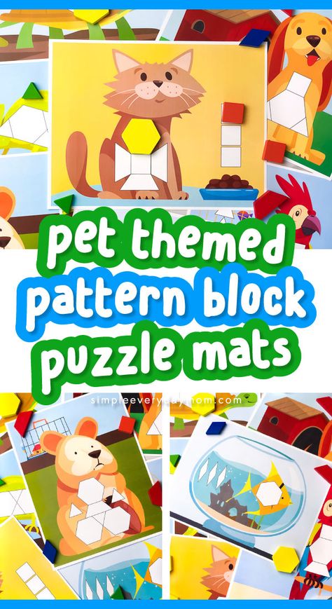 Pet Preschool Theme Activity | These printable pet pattern block mats are a great supplement to pet lesson plans. They'll help kids learn basic math concepts like shape recognition, patterns, counting and more! They also help with fine motor skills and can be sure with toddlers, prek and kindergarten children.     #boredombusters #kidsactivities #kidsactivity #toddleractivities #indooractivities #stem #mathactivities #children #simpleeverydaymom #learning #classroom #preschool #kindergarten Preschool Pets Unit, Pattern Block Mats, Preschool Theme Activities, Pet Pattern, Pets Preschool Theme, Kindergarten Lesson Plans, Creative Curriculum, Theme Activity, Kindergarten Lessons