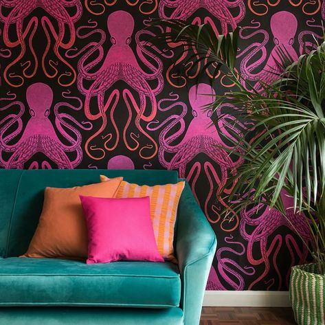 Inspired by the flowing lines and curves of Art Nouveau and vintage botanical studies this largescale octopus illustration showcases intricate line work and dot detailing. Please note Actual pattern repeat is 32cm. Seen here in the Ombre Pink  Orange colourway. Mexican Dining Room, Octopus Wallpaper, Vintage Maximalist Decor, Octopus Illustration, Eclectic Wallpaper, Mulberry Home, Mini Moderns, Nina Campbell