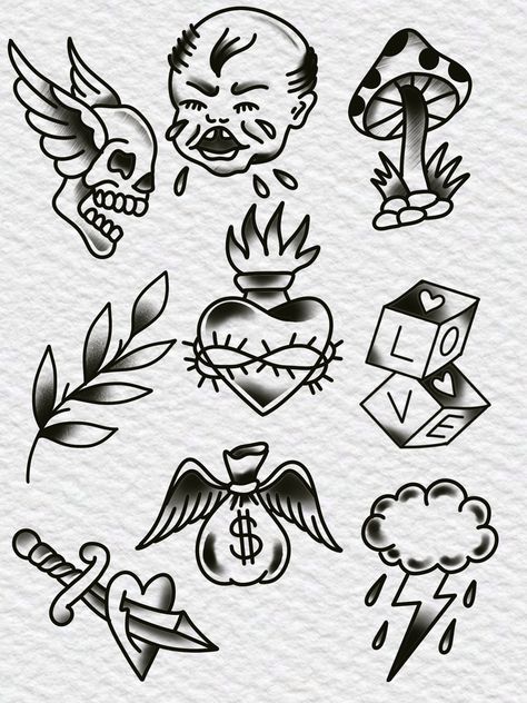 Basic American Traditional Tattoo, Popular Flash Tattoos, Old Skool Tattoo Design, Small Gap Filler Tattoo Ideas, American Traditional Tattoo Art Flash, Flash Tattoo Designs Traditional, Trad Flash Sheet, Traditional Tattoo Art Black And White, American Traditional Flash Tattoo