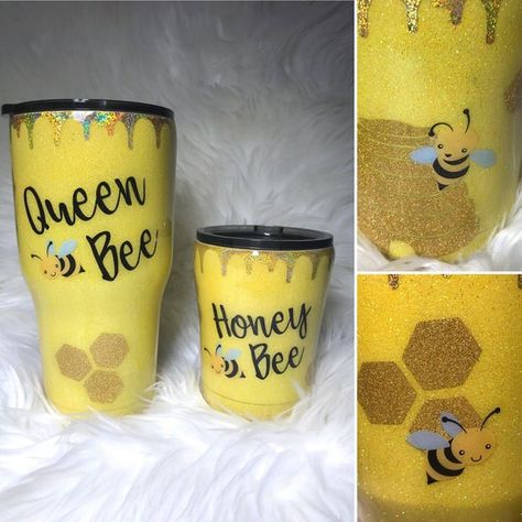 ADORABLE! This tumbler set is going to cause smiles all day long! Covered in yellow glitter with a sparkling golden bee hive and holographic honey drips, you and your little one are surely going to be noticed toting this beauty! Glitter Tumblers are Ozark Trail brand unless otherwise requested. Epoxy Tumbler Ideas, Bee Tumbler, Epoxy Cups, Epoxy Tumbler, Epoxy Tumblers, Glitter Tumbler Cups, Yellow Glitter, Glitter Tumblers, Ozark Trail