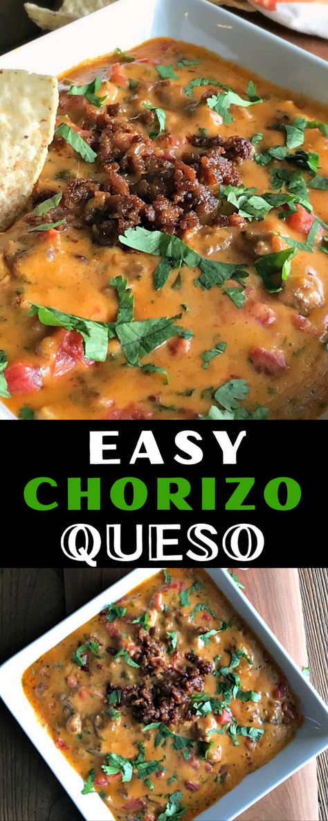 Choriqueso - Chorizo Queso - warm, velvety cheese and chorizo dip with diced tomatoes, fresh cilantro and a light squeeze of lime juice. Serve this easy appetizer with tortilla chips. Perfect for football parties, tailgating and holiday parties. #chorizoqueso #queso #nachocheese #cheesedip #mexicancheesedip #chorizo #chorizoqueso #footballappetizer #footballfood #tailgating #holidayappetizer #thanksgivingappetizer #agoudalife Appetizers For Party Crockpot, Chorizo Cheese Dip, Chorizo Queso Dip, Chorizo Dip, Spicy Cheese Dip, Chorizo Queso, Chorizo Recipes, Chorizo Sausage, Queso Dip