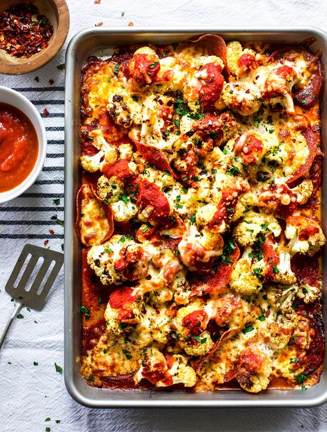 Roasted Cauliflower "Pizza" Bake — My Diary of Us Roasted Cauliflower Pizza, Healthy Pizza Bake, Roasted Cauliflower Pizza Bake, Cauliflower Pizza Bake, Healthy Cauliflower Pizza, Cauliflower Pizza Casserole, Pizza Cauliflower, Cauliflower Pizza Recipe, Roasted Cauliflower Recipes