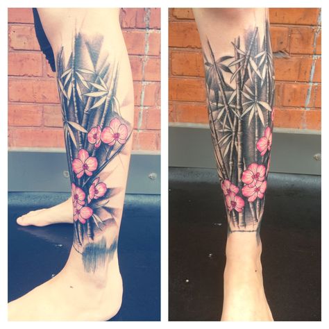 Women shin tattoo. Beautiful bamboo and orchids. Bamboo Forest Tattoo, Japanese Shin Tattoo, Japanese Bamboo Tattoo, Temple Tattoo, Tattoo Pics, Shin Tattoo, Tattoo Beautiful, Basic Tattoos, Bamboo Tattoo