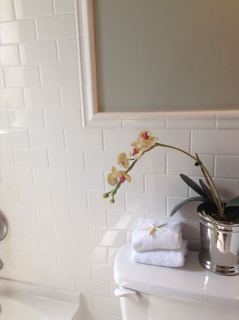 Bathroom subway tile with chair rail Chair Rail Tile Bathroom, Subway Tile Trim, Subway Bathroom, Subway Tile With Chair Rail, Tile Chair Rail Bathroom, Subway Tile Chair Rail, Tile Chair Rail, Subway Tile Chair Rail Bathroom, Tile Baseboard