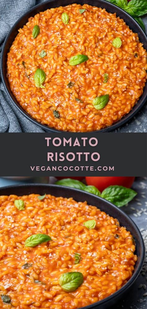 Vegan Tomato Risotto, Risotto Recipes Tomato, Veg Risotto Recipes, Vegan Cocotte, Cocotte Recipes, Vegan Rice Dishes, Simple Cupboard, Risotto Vegan, Apartment Meals