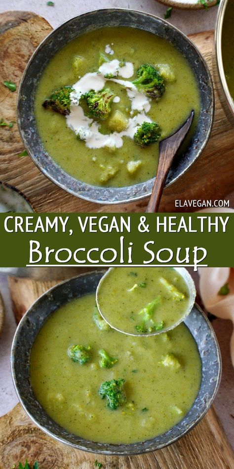 This vegan broccoli soup is creamy, comforting, and loaded with vegetables for a surprisingly healthy, hearty soup–made in just 35 minutes with simple, inexpensive ingredients! This low-calorie soup recipe is gluten-free, dairy-free, soy-free, and optionally oil-free! Plant Based Broccoli Soup, Vegan Soup Low Calorie, Broccoli Soup Gluten Free, Broccoli Soup No Cream, Vitamix Broccoli Soup, Vegan Broccoli Soup Recipes, Low Calorie Broccoli Soup, Broccoli And Spinach Soup, Dairy Free Cream Of Broccoli Soup