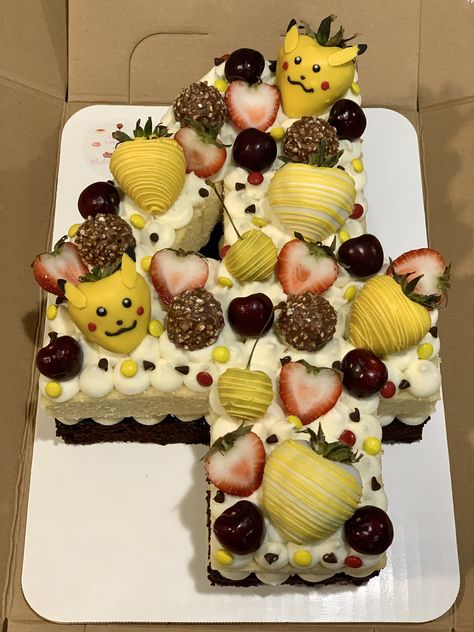 Chocolate & Vanilla #pikachu #numbercake Pikachu Strawberries, Pokemon Strawberries, Pokemon Number Cake, Cake Lollies, Pokemon Number, Pikachu Cake, Pokemon Birthday Party, Diy Desserts, Number Cake